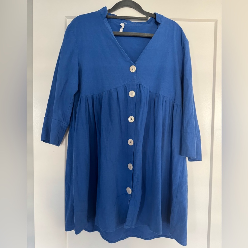 Vestique Blue Button Down Dress with 3/4 Sleeves